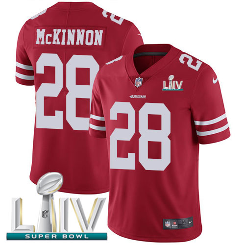 San Francisco 49ers Nike #28 Jerick McKinnon Red Super Bowl LIV 2020 Team Color Men Stitched NFL Vapor Untouchable Limited Jersey
